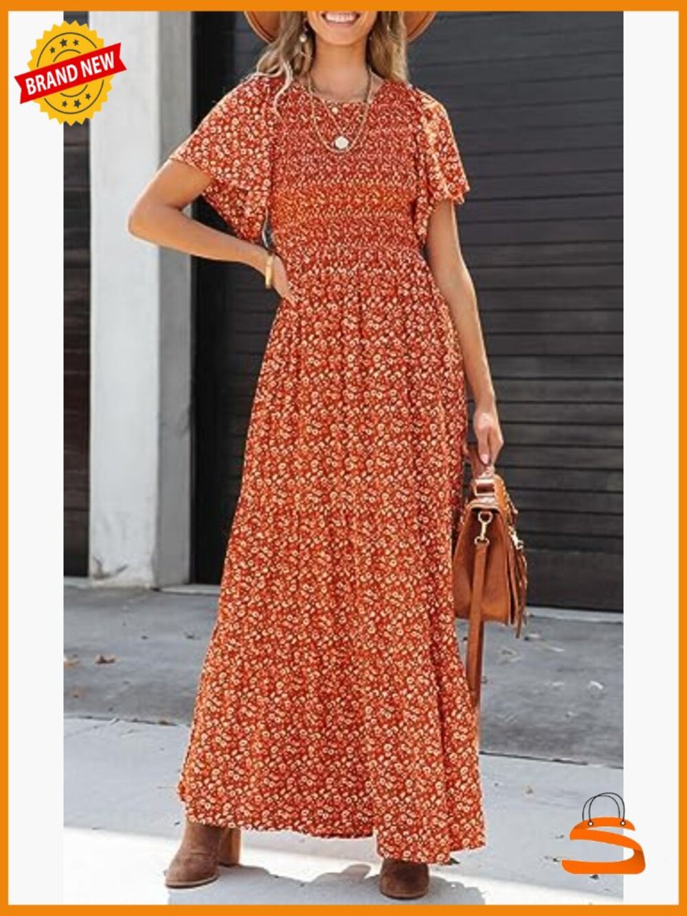 Flutter Short Sleeve Smocked Tiered Maxi Dress Boho Floral Casual Summer - Picture 3 of 7